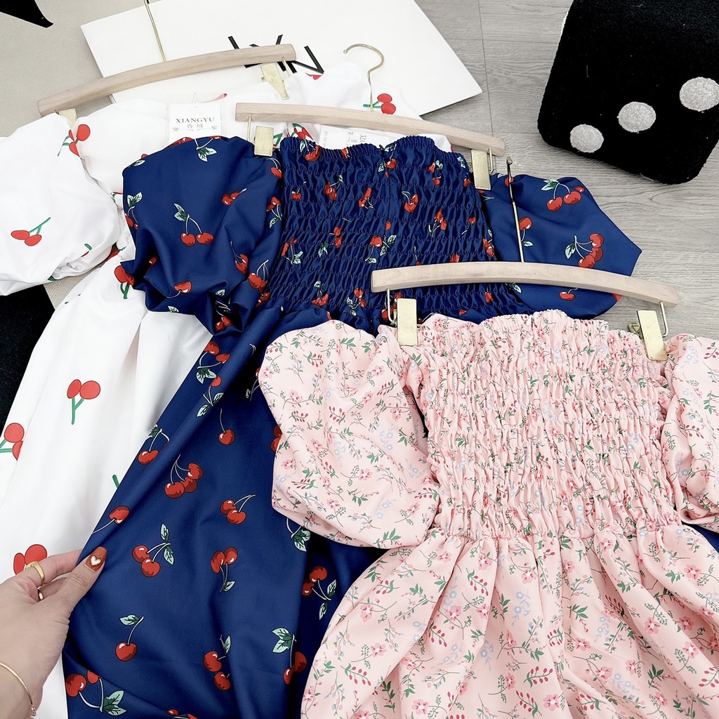 Đầm Maxi Hoa Nhí Trễ Vai Tay Phồng Có Mút, Váy Trễ Vai Hoa Nhí Dáng Dài