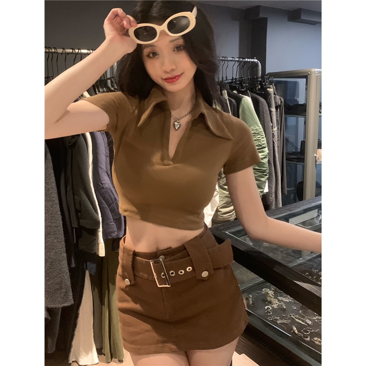 QADCOL Áo Thun Ngắn Tay Dáng Ôm Phong Cách retro Mỹ Thời Trang Cho Nữ