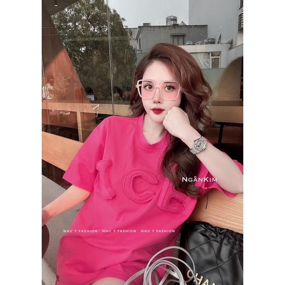 Áo phông màu hồng chữ ICE in nổi hàng QC dáng rộng chuẩn hot girl loại 1 - hàng có sẵn