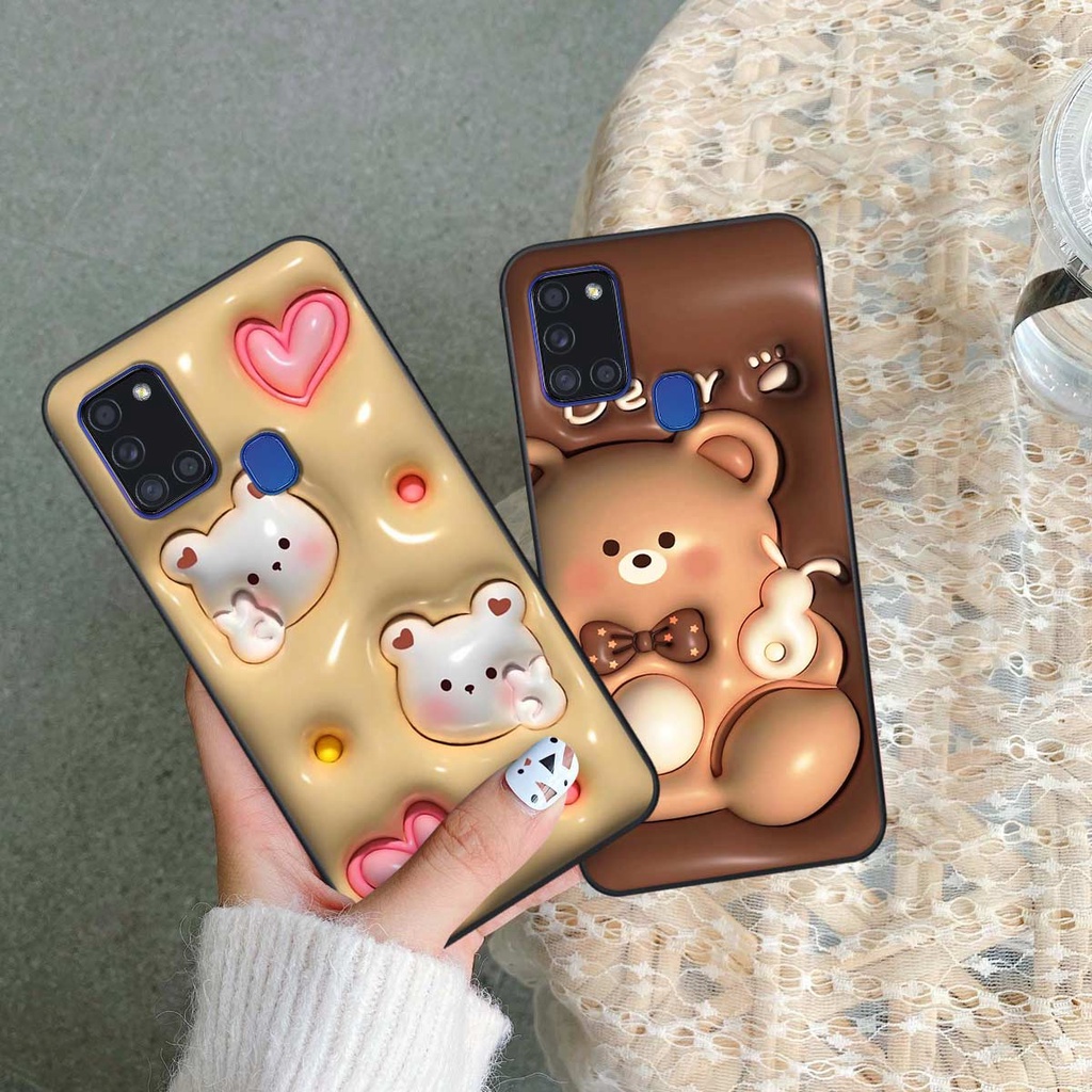 Ốp lưng Samsung A21s hình in 3D gấu nâu cute, trái tim kẹo dễ thương, rẻ bền đẹp