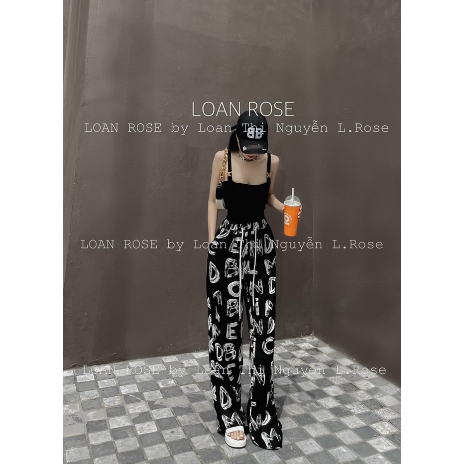 [4.4 Sales Freeship] Set bộ áo đen 2 dây cổ vuông phối quần dài ống rộng in chữ hoạ tiết đi chơi, dạo phố siêu chất mtb