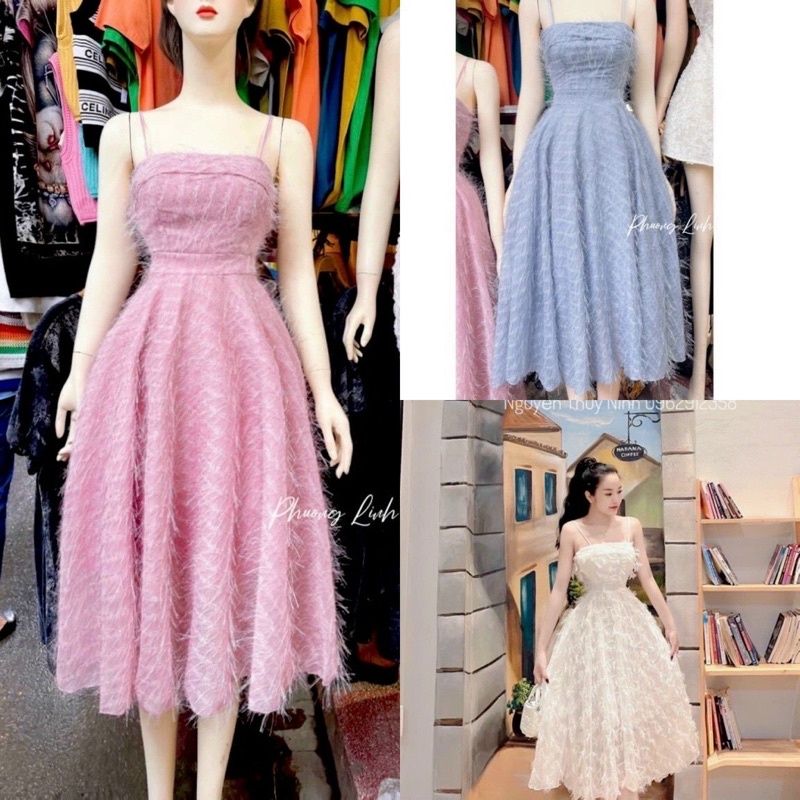 Đầm lông vũ 2 dây có mút ngực thời trang nữ mặc đi tiệc váy xoè maxi nhiều màu
