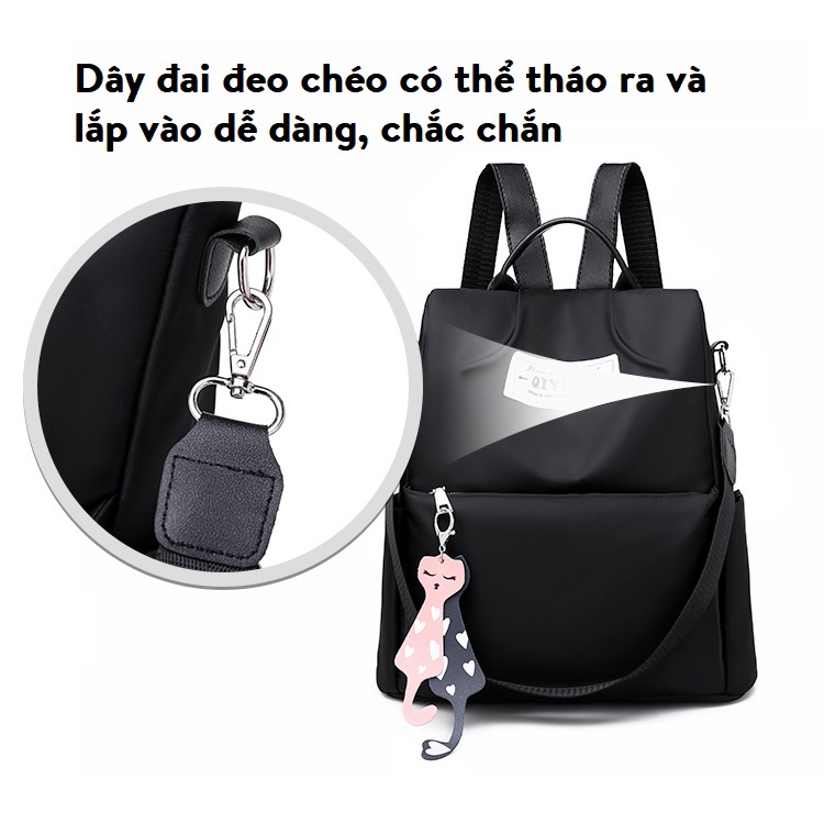 Balo Nữ Thời Trang Vải Dù Chống Thấm Nước Tặng Móc Khóa Mèo Dễ Thương/