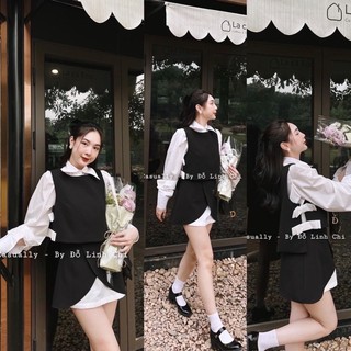 Set 3 món áo sơmi phối gile nơ + chân váy pha thô kèm ảnh thật