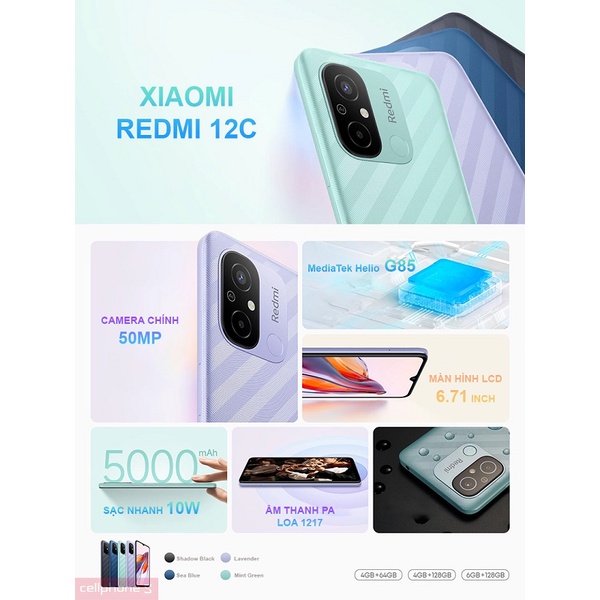 Điện thoại Xiaomi Redmi 12C Ram 4G/64G pin 5000mAh- Hàng Chính Hãng