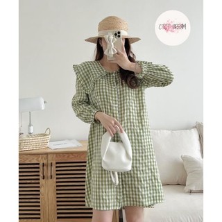 Váy Nữ Dáng Xuông Cổ Bèo Tay Lỡ Họa Tiết Kẻ Caro Xanh Bơ