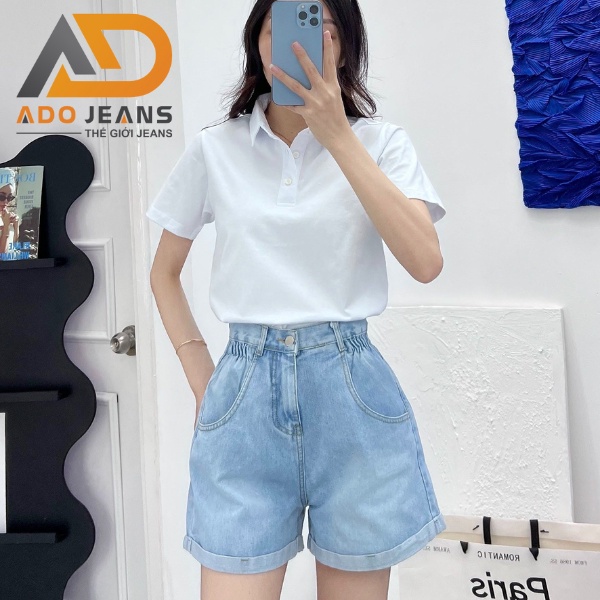 Quần short jean nữ lưng cao, thiết kế nhún eo xinh xắn có Bigsize