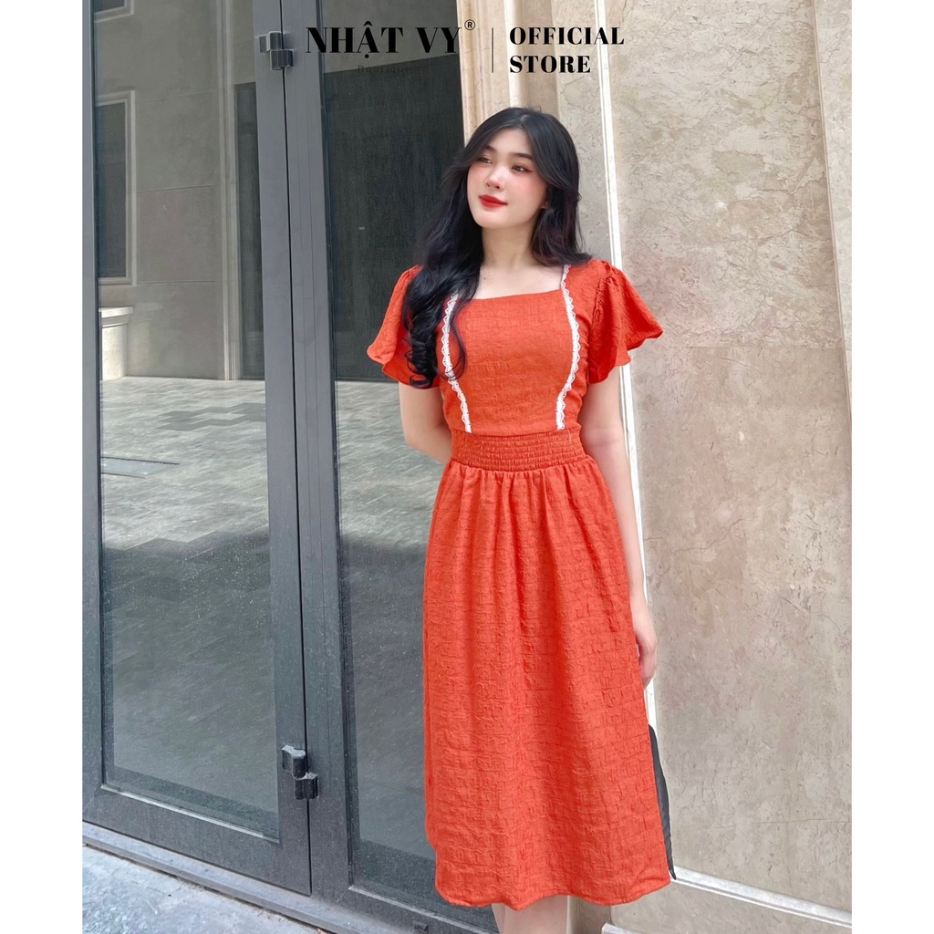 Váy Công Sở NHẬT VY Tay Cánh Tiên Cổ Vuông Phối Ren Ngực Chất Xốp Thun Màu Xanh, Trắng, Đen, Cam, Nâu - D2429