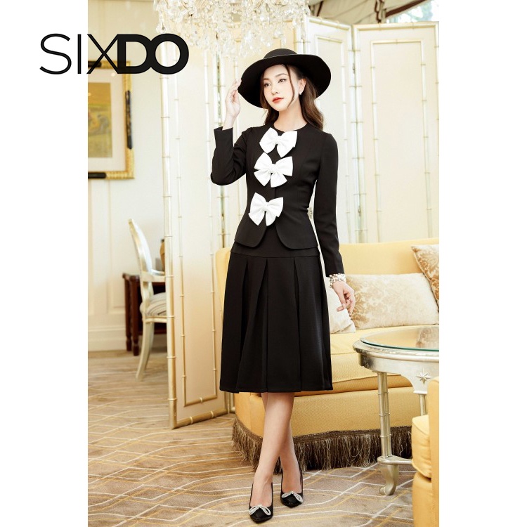 Áo vest nữ dài tay màu đen phối nơ trắng thời trang SIXDO