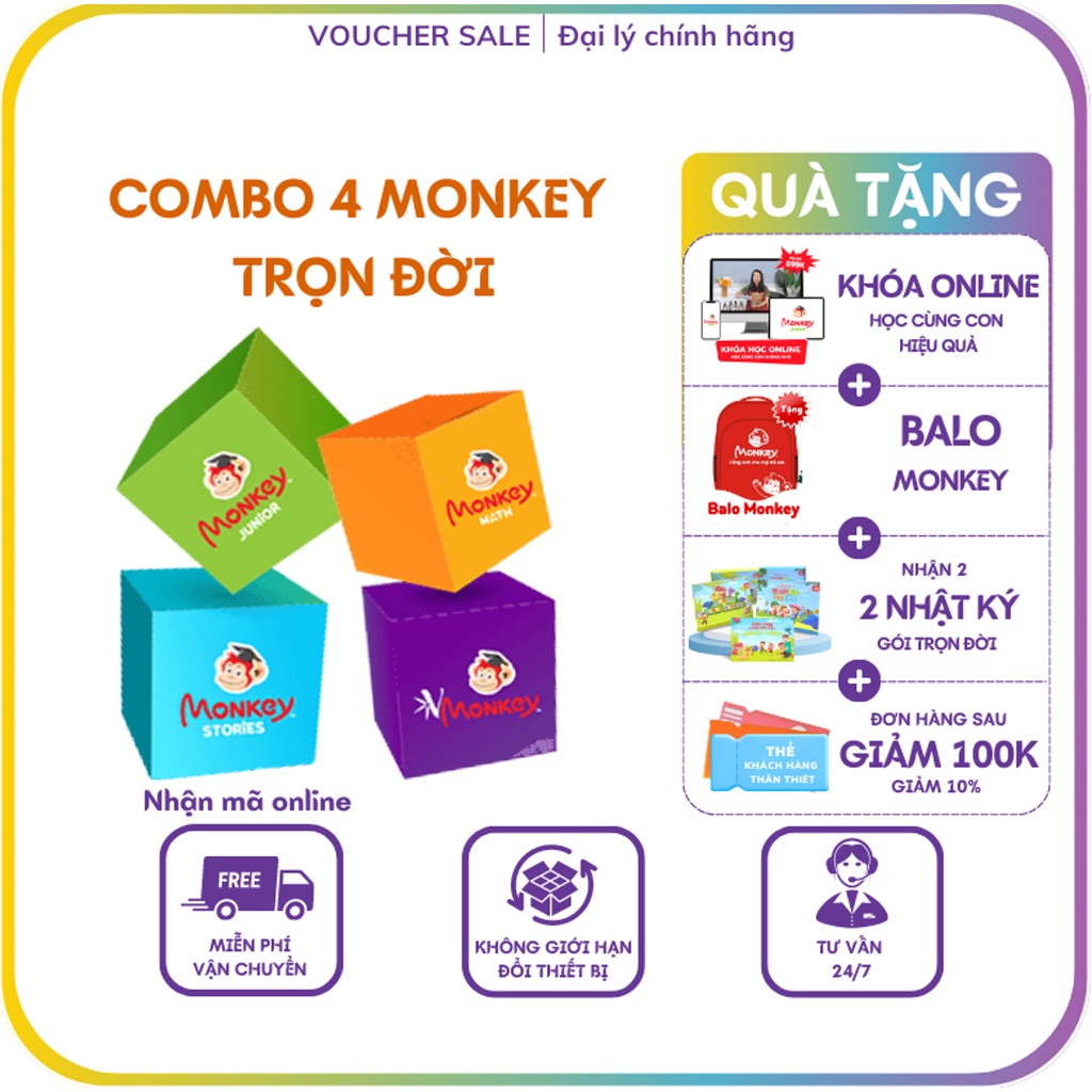 Combo Monkey - TRỌN ĐỜI - Toàn quốc [Evoucher] - Voucher Combo Mã học 4 (Junior, Stories, Math, Vmonkey)