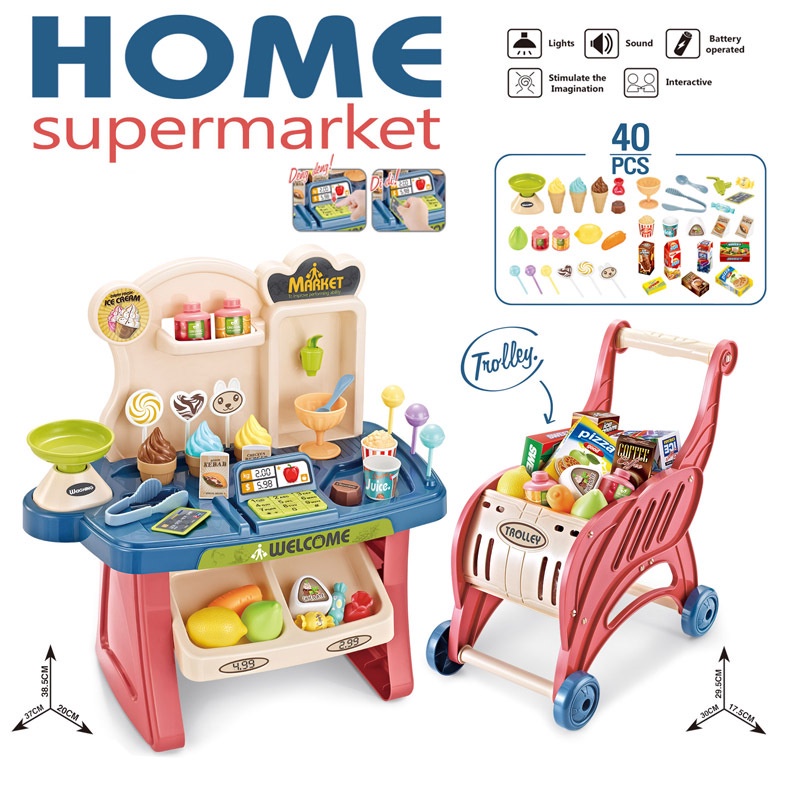 Đồ chơi bán hàng siêu thị kèm xe đẩy 40 chi tiết cho bé-quầy bán kem mini