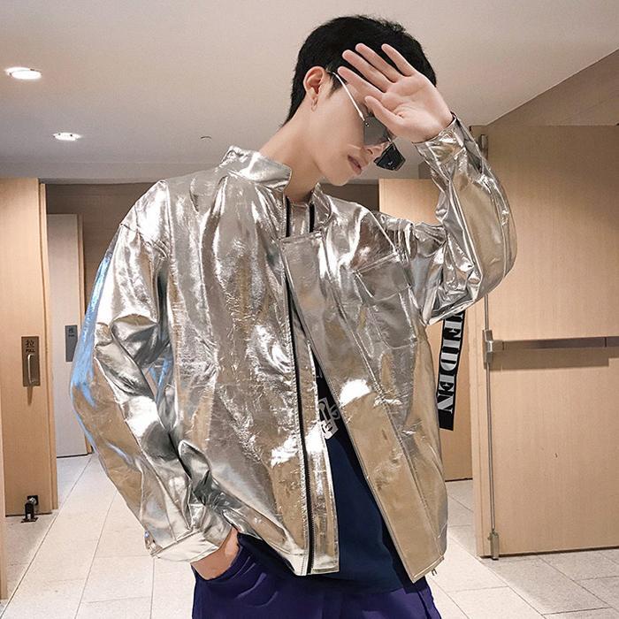 Áo Khoác Da Phản Quang Màu Bạc Phong Cách hip hop Hàn Quốc 4.7