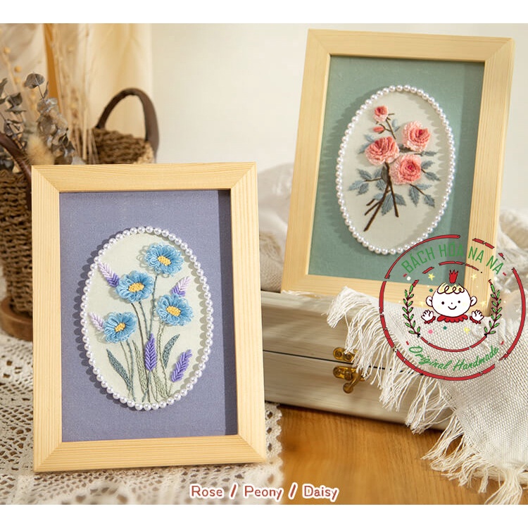 Combo Tranh Vải Tự Thêu Thủ Công Đính ngọc POENY FLOWER - Vườn Hoa Xinh cho người mới bắt đầu đơn giản thêu tay - Na Na
