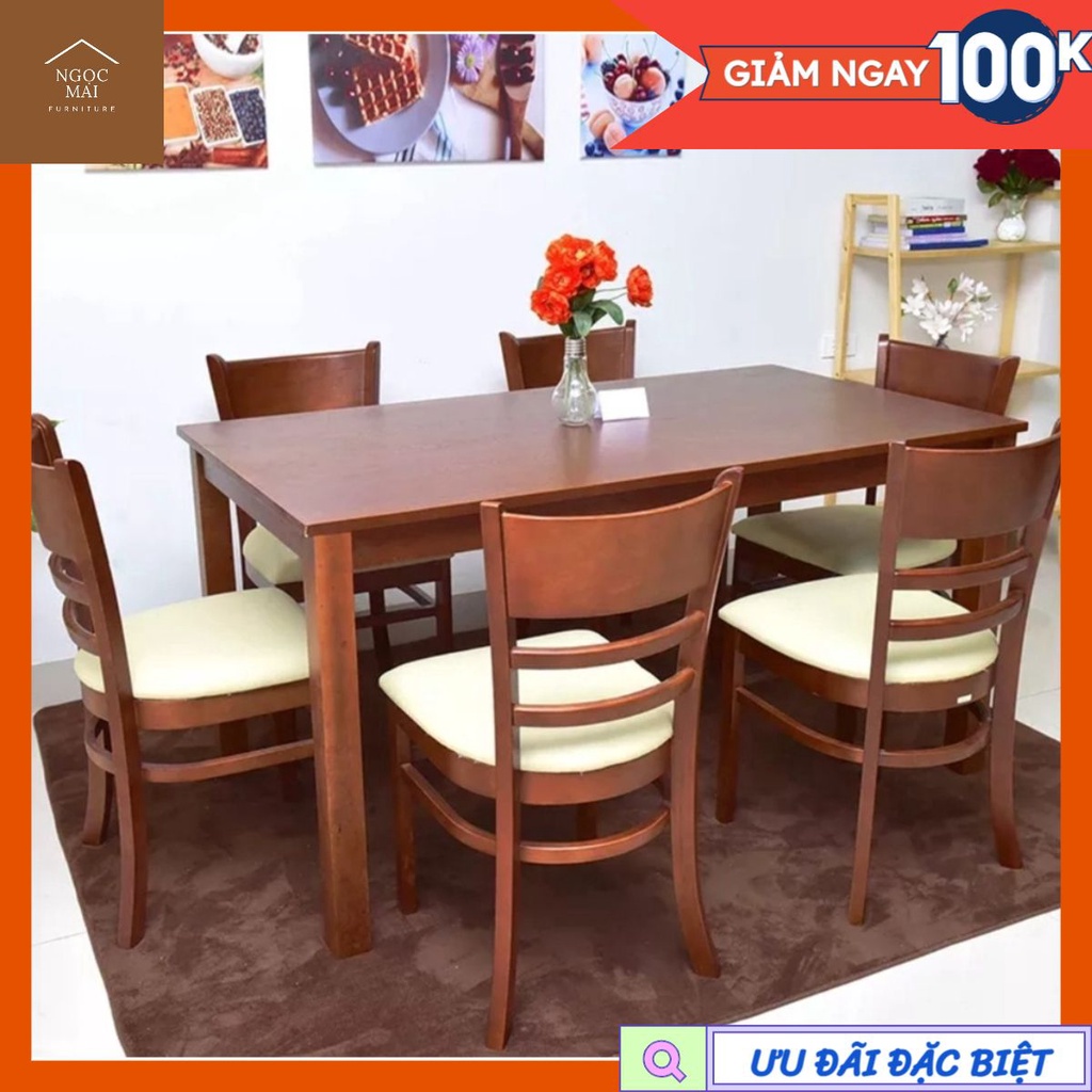 Bộ bàn ăn cơm 6 ghế, bàn ăn cabin 6 ghế gỗ tự nhiên - bảo hành chính hãng