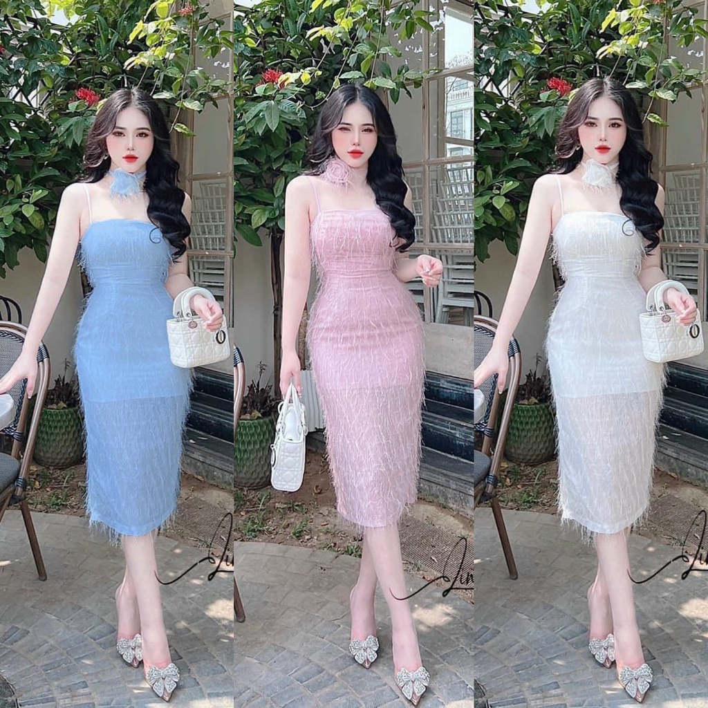 Đầm váy nữ 2 dây lông vũ phối hoa cổ với 3 tone màu siêu xinh dành cho các nàng diện đi chơi, dự tiệc
