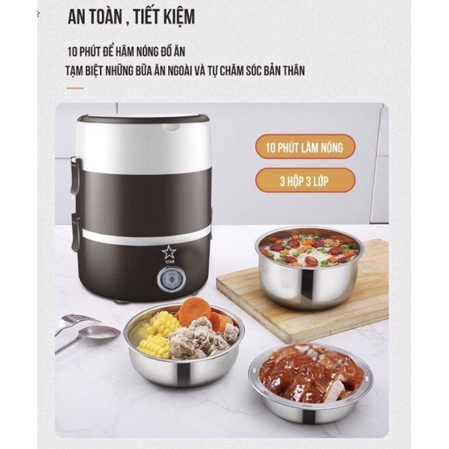 Cặp Lồng Cắm Điện Ủ Cơm Giữ Nhiệt 3 Tầng Ruột Inox Giữ Nóng Thức Ăn Liên Tục Hộp Cơm Cắm Điện Văn Phòng
