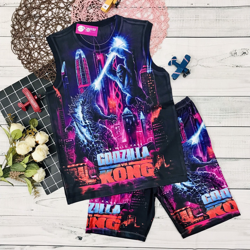 Bộ sát nách Godzilla KingKong bé trai 10kg đến 60kg, đồ bộ ba lỗ thun lạnh mềm mịn, size đại