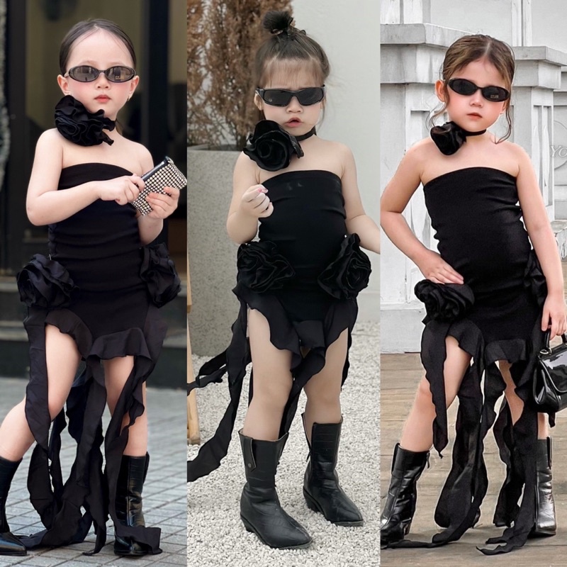 Váy tua rua hoa hồng MPB cho bé kèm chocker hoa
