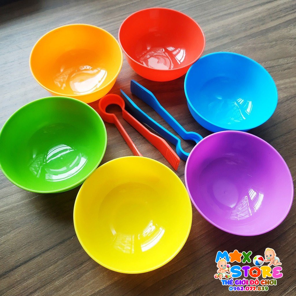 Set phân loại màu sắc tập gắp pompom (bộ 6 bát 2 kẹp)