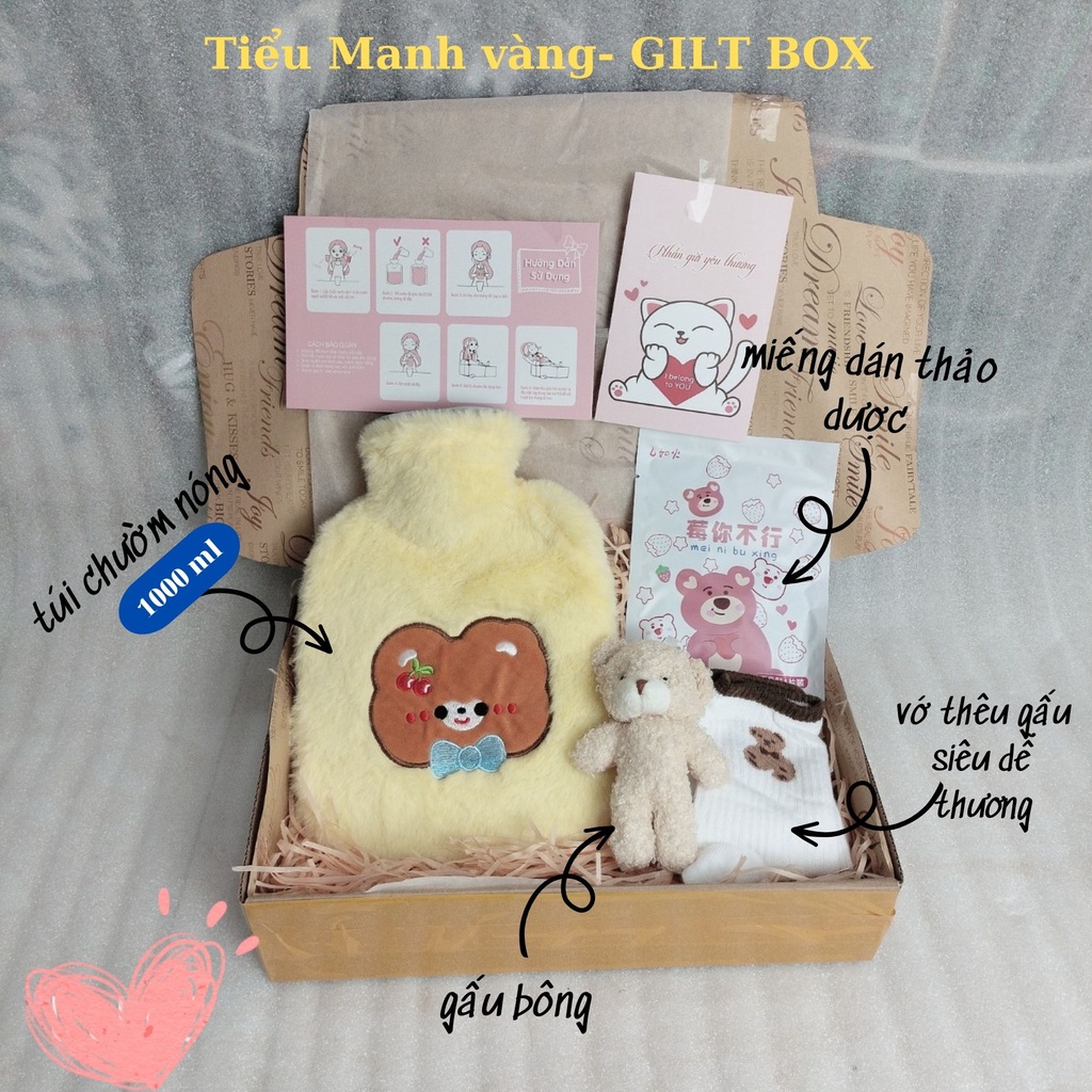 Box quà tặng bạn gái combo 5 món túi chườm nóng 500ml nhung mềm dễ thương