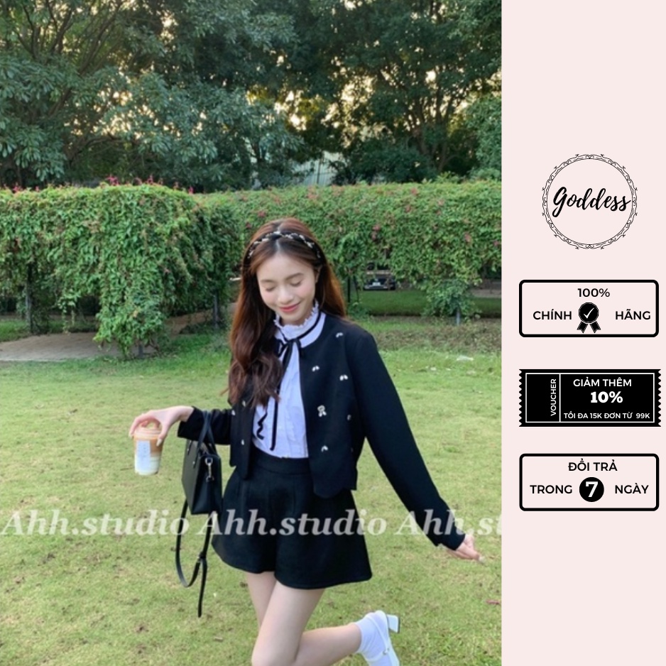 Áo Khoác Blazer Tiểu Thư Màu Đen Đính Đá Cổ Tròn Goddess