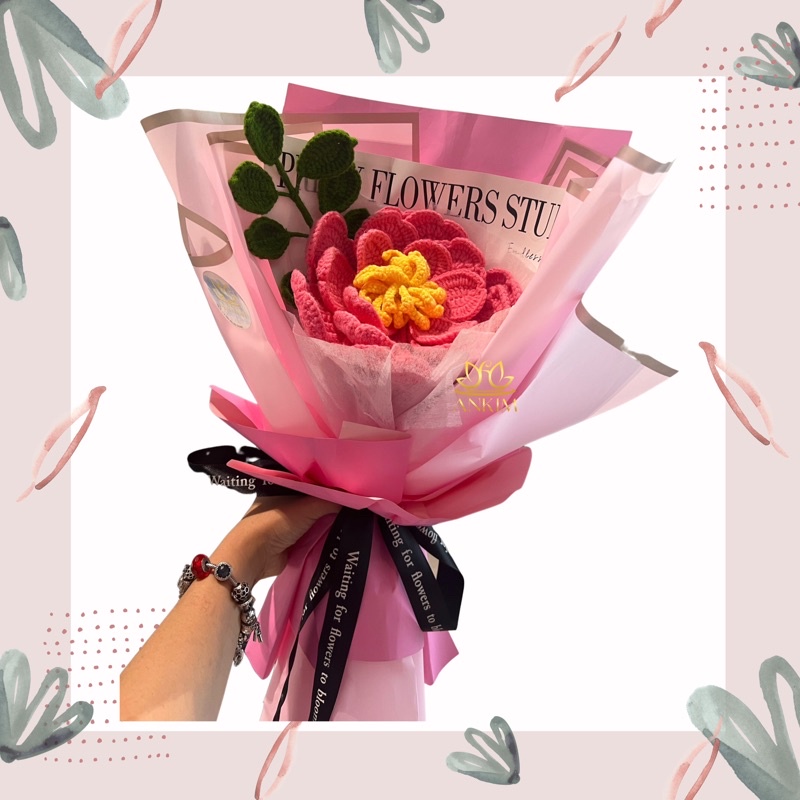 |ORDER| Bó hoa bằng len handmade - Hoa mẫu đơn size đại + giấy gói màu ngẫu nhiên