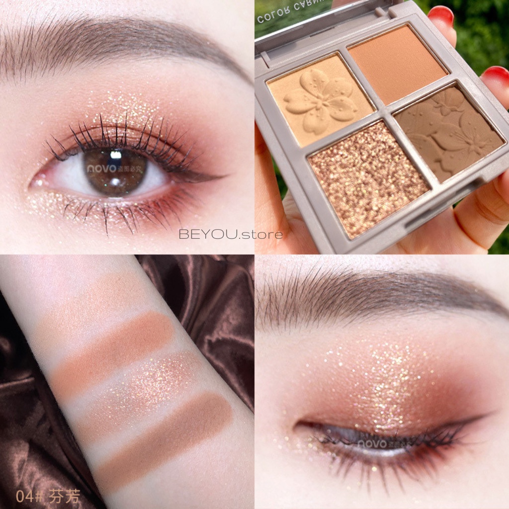 Bảng Phấn Mắt Novo 4 Ô, Màu Lì Và Nhũ Màu Sắc Tự Nhiên, Bền Màu Lâu Trôi, Phấn Makeup Mắt Novo