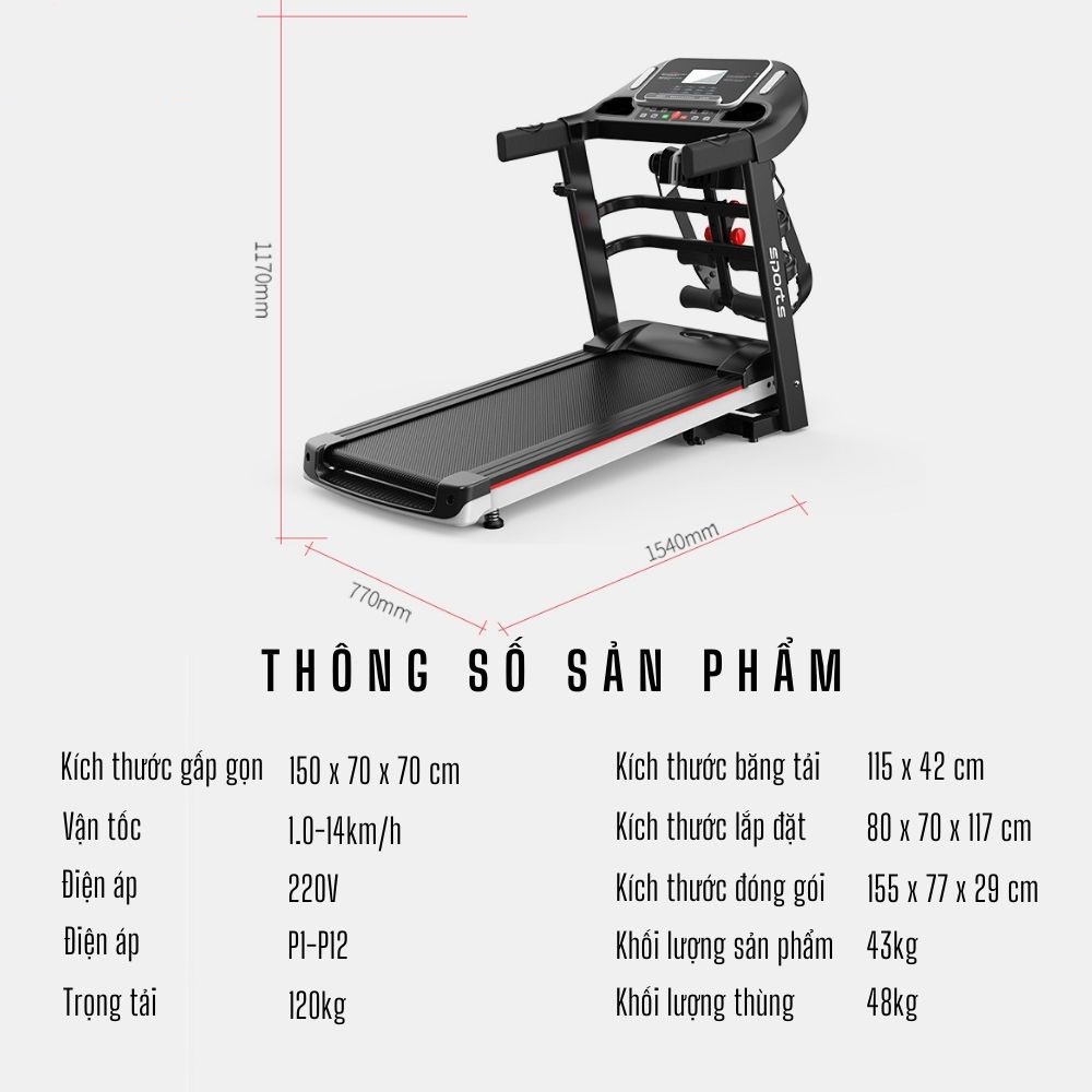 Máy chạy bộ điện đa năng HAMIGO SPORT130 tốc độ 14km kèm máy đánh mỡ bụng tập tại nhà