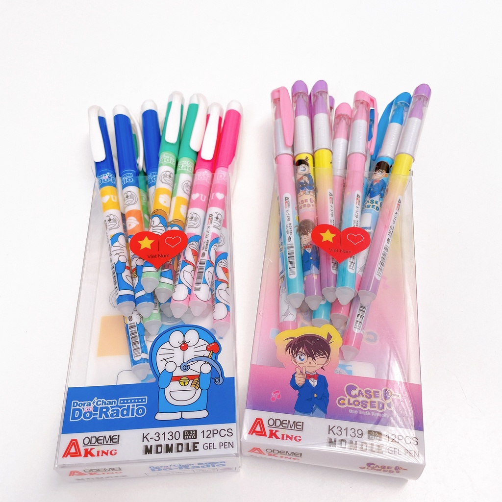 Hộp 12 cây bút Gel Tẩy Xóa được (Ngòi 0.38mm) AODEMEI hình Doremon và Conan dễ thương