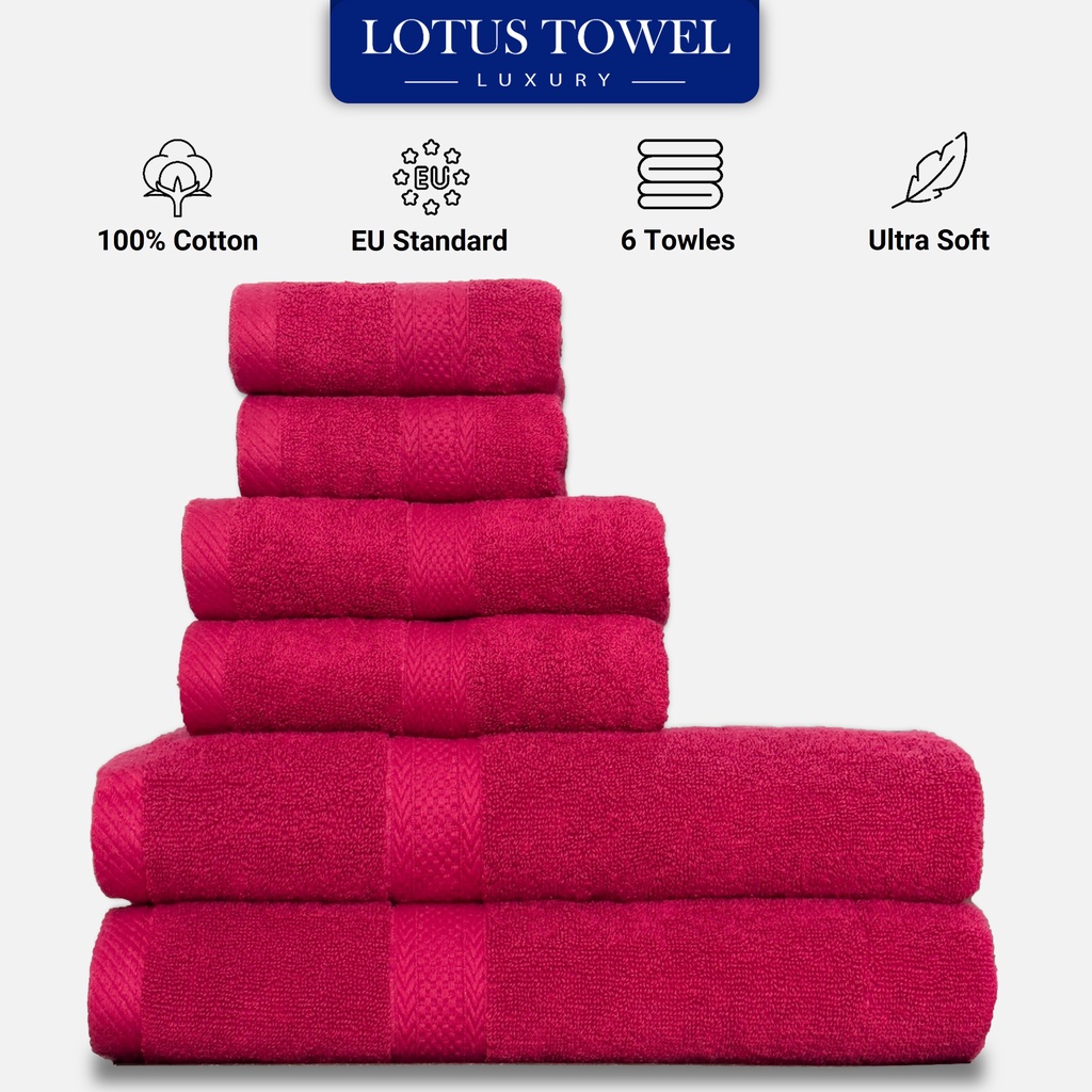 Bộ 6 khăn CHÂU ÂU, 100% COTTON, siêu mềm mịn, thấm hút, dày dặn - LOTUSTOWEL