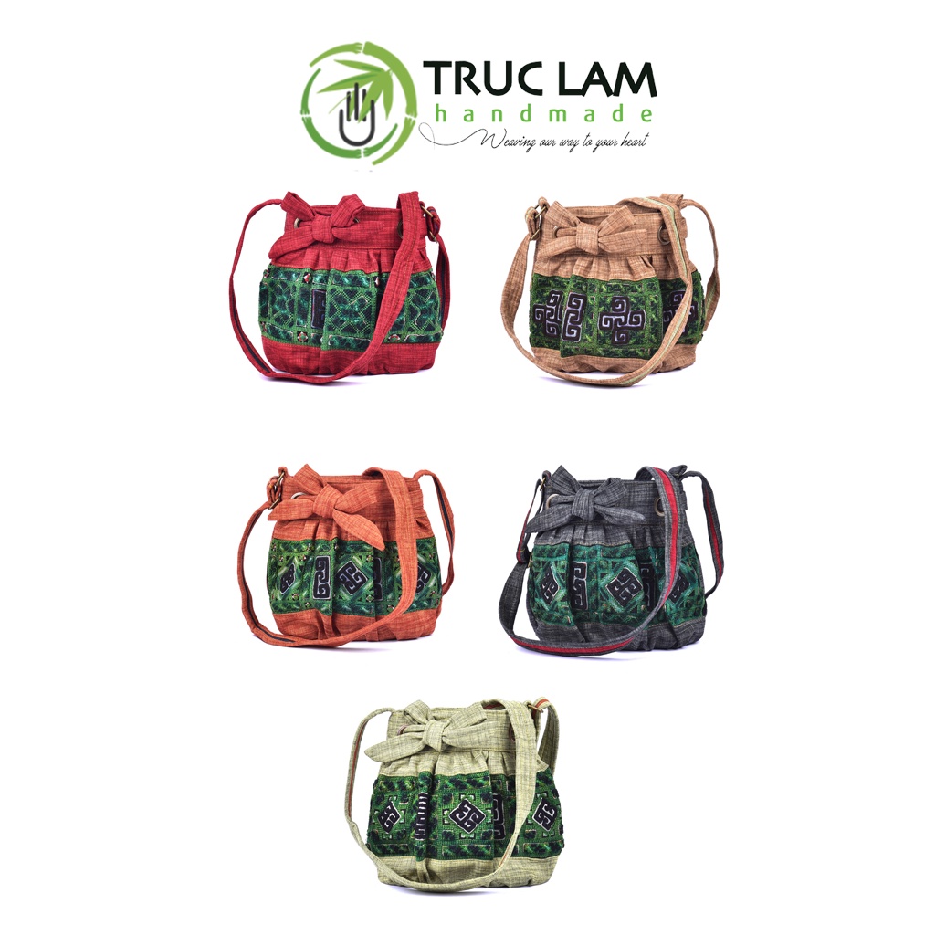 Túi Đeo Chéo Thời Trang Nữ Vải Gai Can Yếm Thổ Cẩm Cổ Thêu Tay Miệng Dây Rút Thắt Nơ DOCUTCT101 Trúc Lâm Handmade