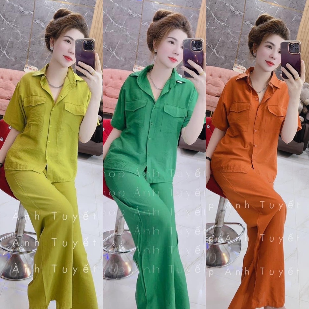 Set bộ đồ nữ áo sơ mi tay ngắn đơn giản kèm quần dài ống suông sang chảnh dành cho các nàng mặc ở nhà, đi chơi