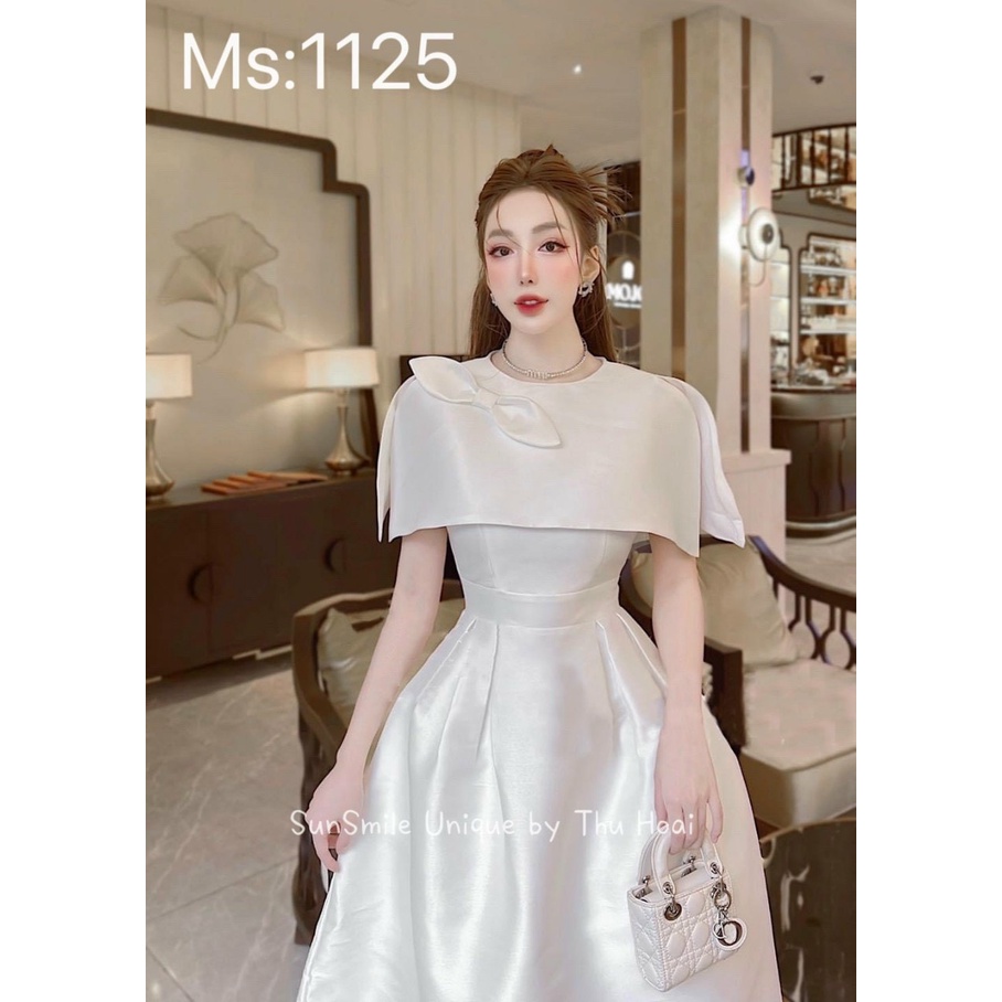 ĐẦM TAFTA PHỦ VAI ĐÍNH HOA CHÉO HỒNG+TRẮNG