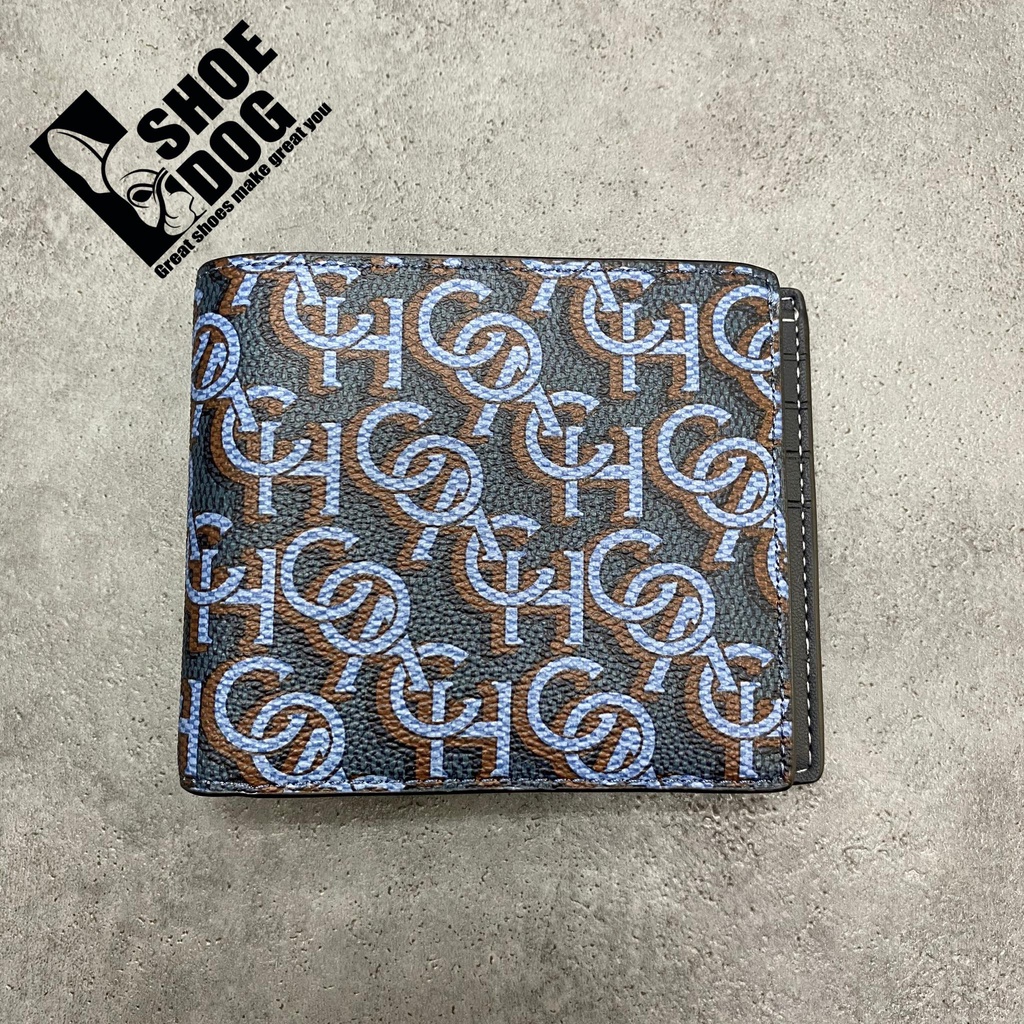 Bóp ví ngắn hàng hiệu nam nữ Coach gập đôi có tặng kèm card holder màu mono xanh chữ Coach