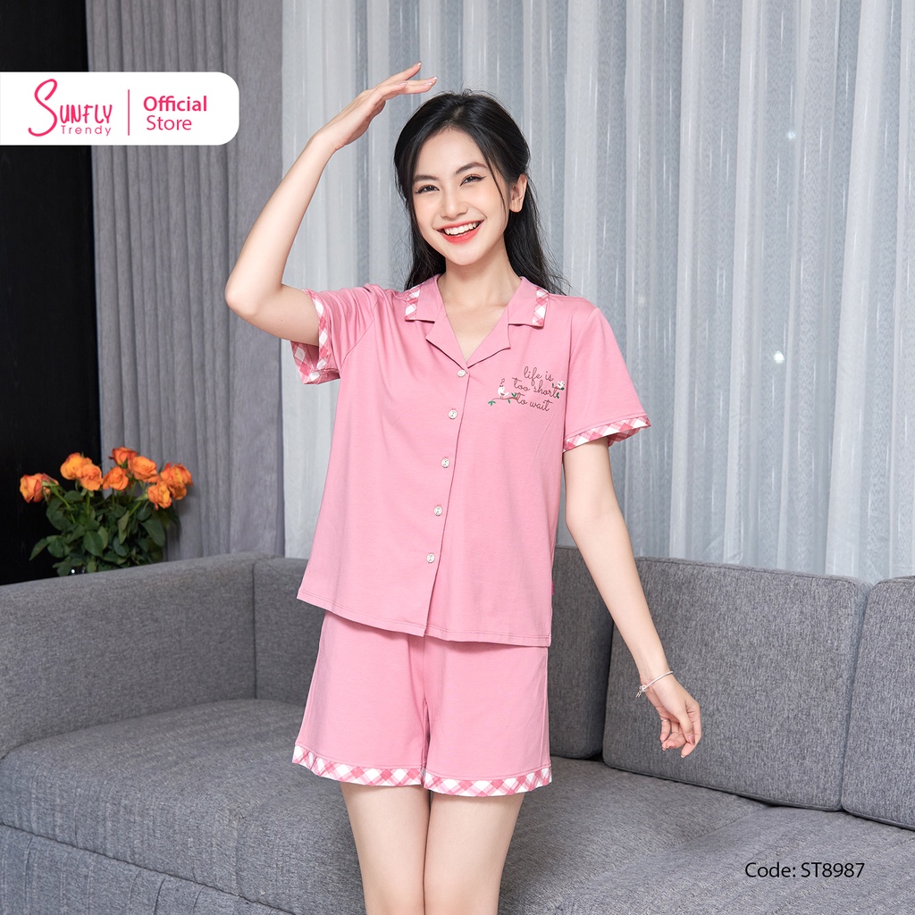 Bộ Đồ Mặc Nhà Nữ Pyjamas Cotton SUNFLY Áo Cộc Quần Sooc ST8987