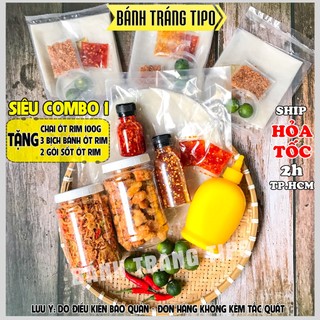 Siêu combo 1 - bánh tráng phơi sương 300g - muối ruốc hành phi 200g - tóp mỡ - sốt tắc - siêu bơ 300g - bánh tráng tipo