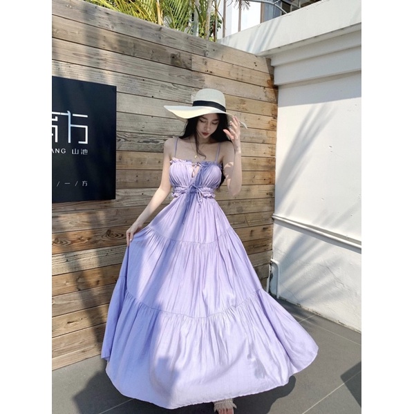 ( SẴN ) Đầm Maxi 2 Dây Dáng Dài Xoè Khoét Hở Lưng Màu Tím