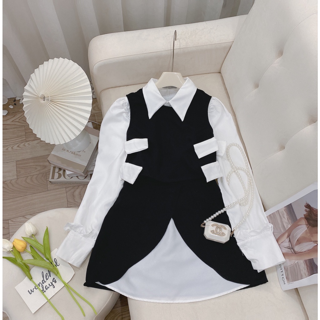 Set 3 Món Yếm Tuyết Mưa Dày Dặn+ Áo Sơ Mi +Chân Váy Chữ A Phối Trắng, Phong Cách Trẻ Trung Cá Tính
