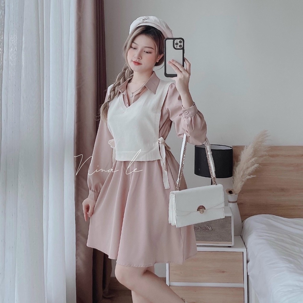 Set đầm sơ mi tay phồng cotton dáng suông, set váy tiểu thư thu đông kèm áo khoác ghi - lê mẫu hot hàng thiết kế