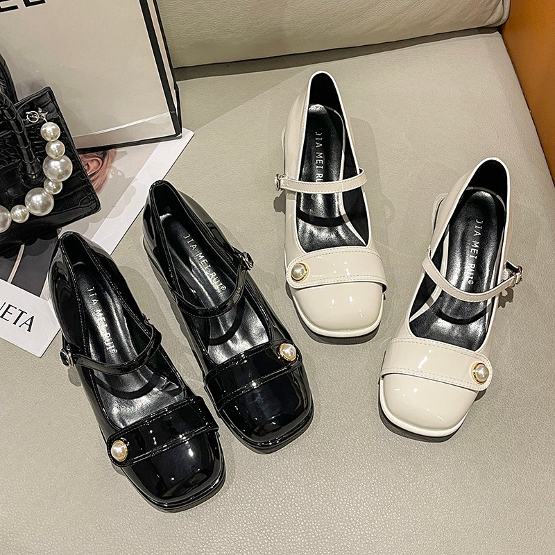 Retro đầu vuông thời trang giày đơn một khóa gót dày Mary Jane giày búp bê nữ