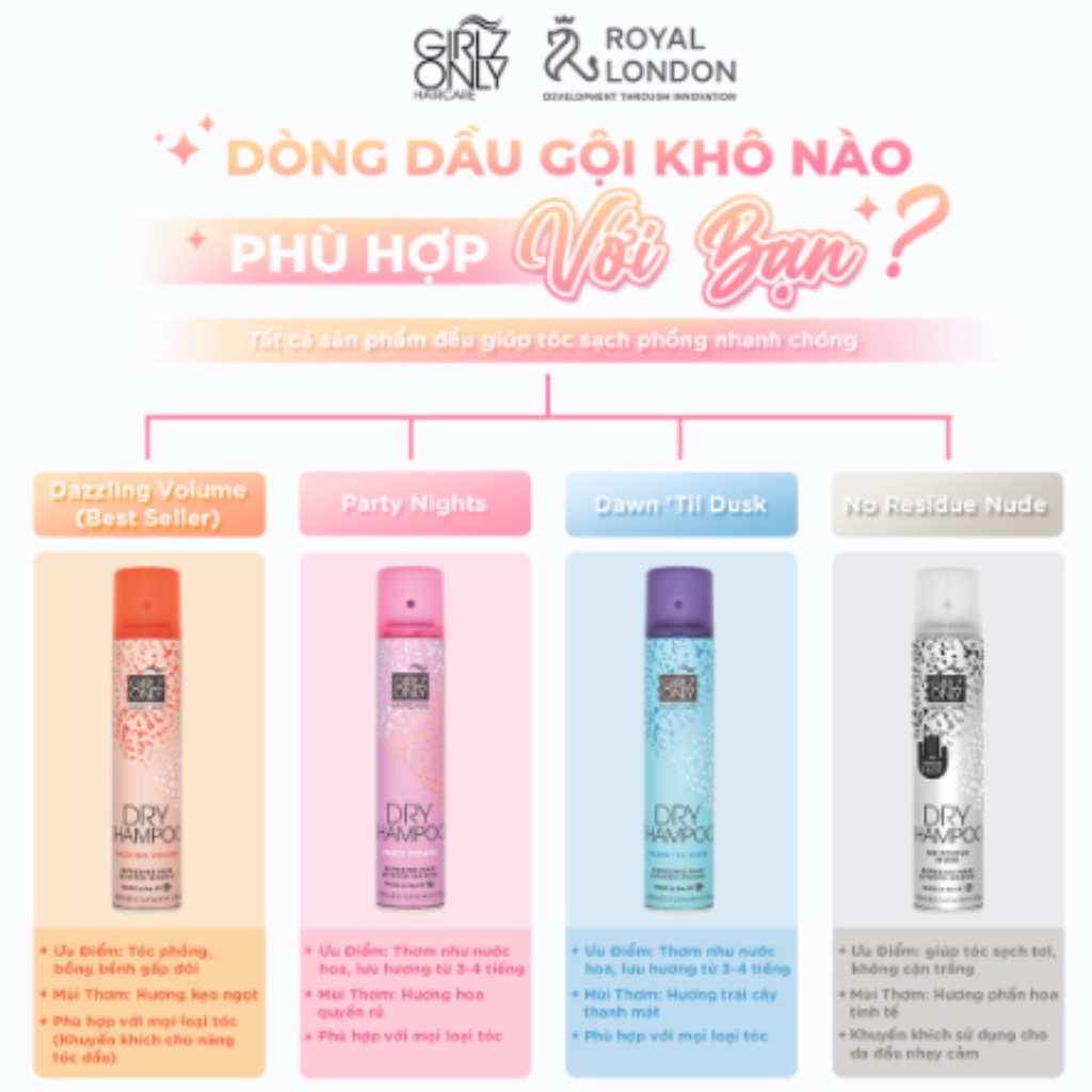 Dầu Gội Khô Girlz Only Party Nights / Dawn 'Til Dusk / Dazzling Volume / No Residue Nude 100ml / 200ml