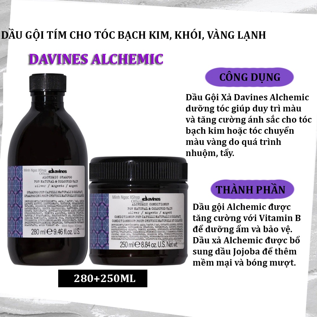 Dầu gội xả tím cho tóc bạch kim, khói, vàng lạnh Davines Alchemic 280ML + 250ML chính hãng