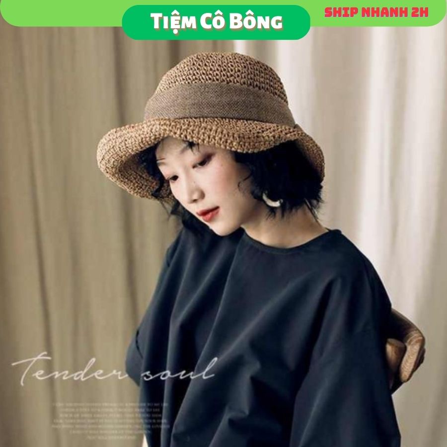 Mũ cói mềm phối nơ vải