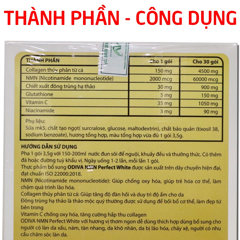 Cốm collagen ODIVA NMN perfect white giúp trắng sáng da, duy trì độ ẩm, tăng độ đàn hổi, giảm nám sạm da - Hộp 30 gói