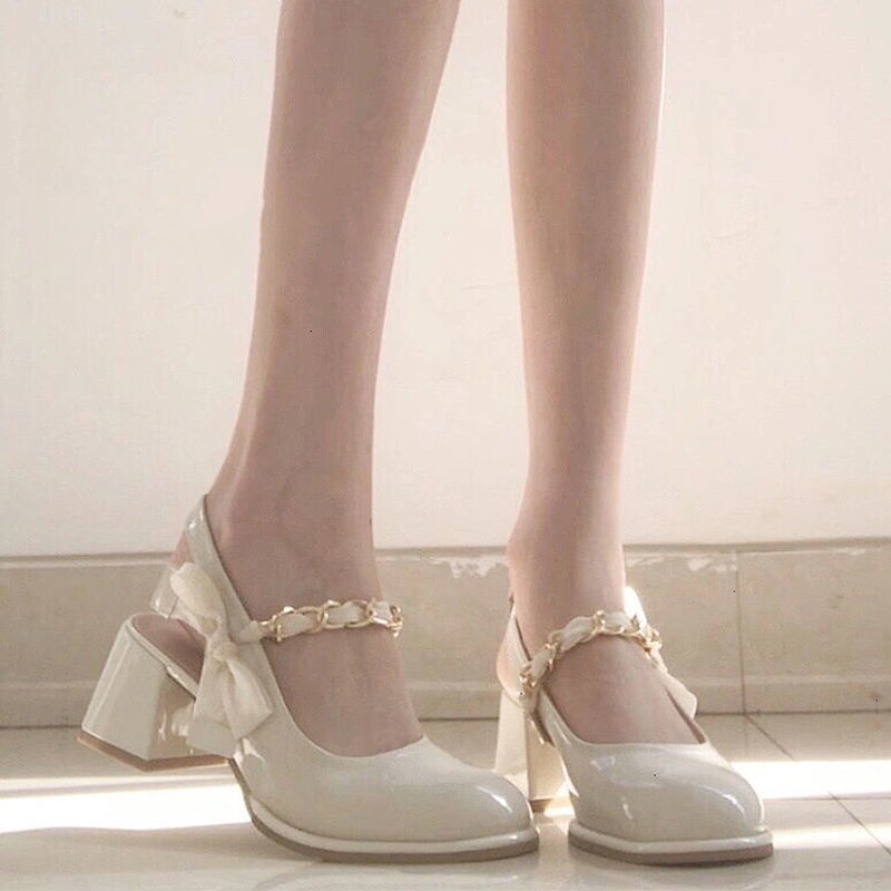 Giày Cao Gót Da Bóng Đính Nơ Lụa Bóng Kiểu Pháp Xinh Xắn Cho Nữ