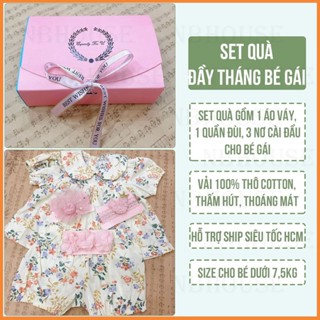 Set quà tặng đầy tháng bộ áo váy kèm quần kèm băng đô cho bé gái