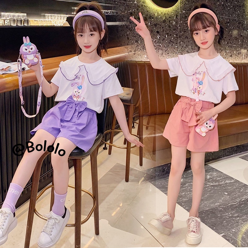 Bololo Set Áo Thun Ngắn Tay + Chân Váy Họa Tiết Hoạt Hình Thời Trang Mùa Hè Cho Bé Gái