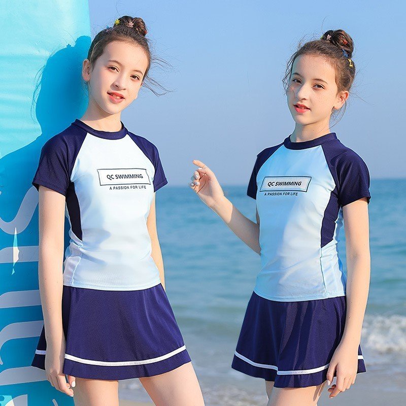 Bộ bơi cho bé gái Áo liền váy quần rời QC swimming phong cách thể thao cho bé từ 5 đến 14 tuổi, từ 20kg đến 45kg