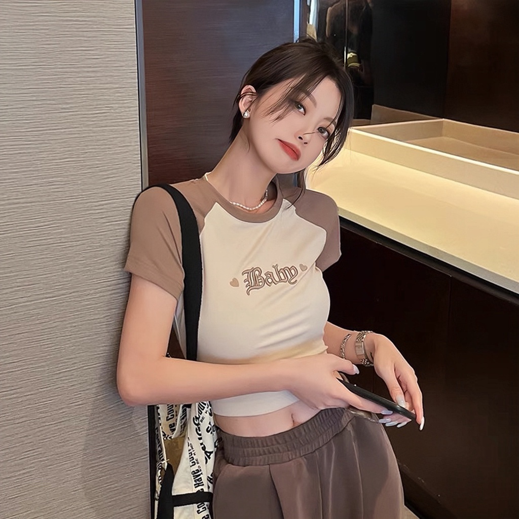 Áo Croptop Ôm Body Nữ BABY THÊU Cổ Tròn Tay Ngắn, Áo Thun Croptop Kiểu Sexy Thêu Họa Tiết chất thun gân dày dặn loại 1