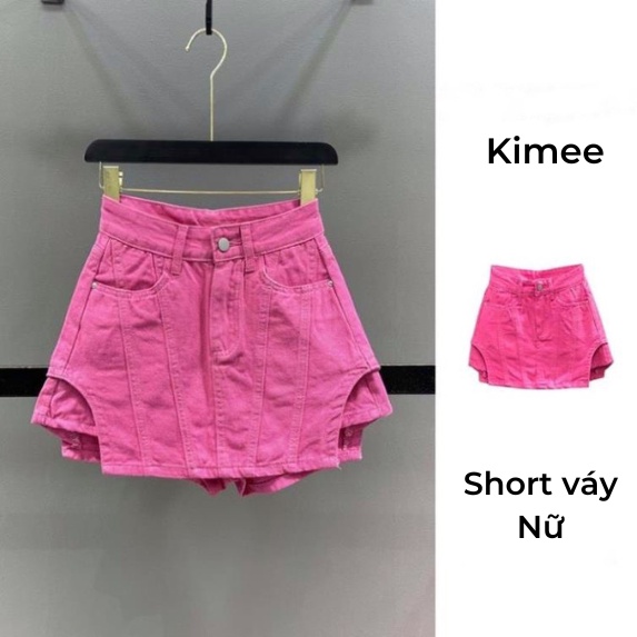 Quần ngắn jean giả váy dáng chữ A lưng cao thời trang xuân hè màu hồng phong cách dành cho nữ cao cấp